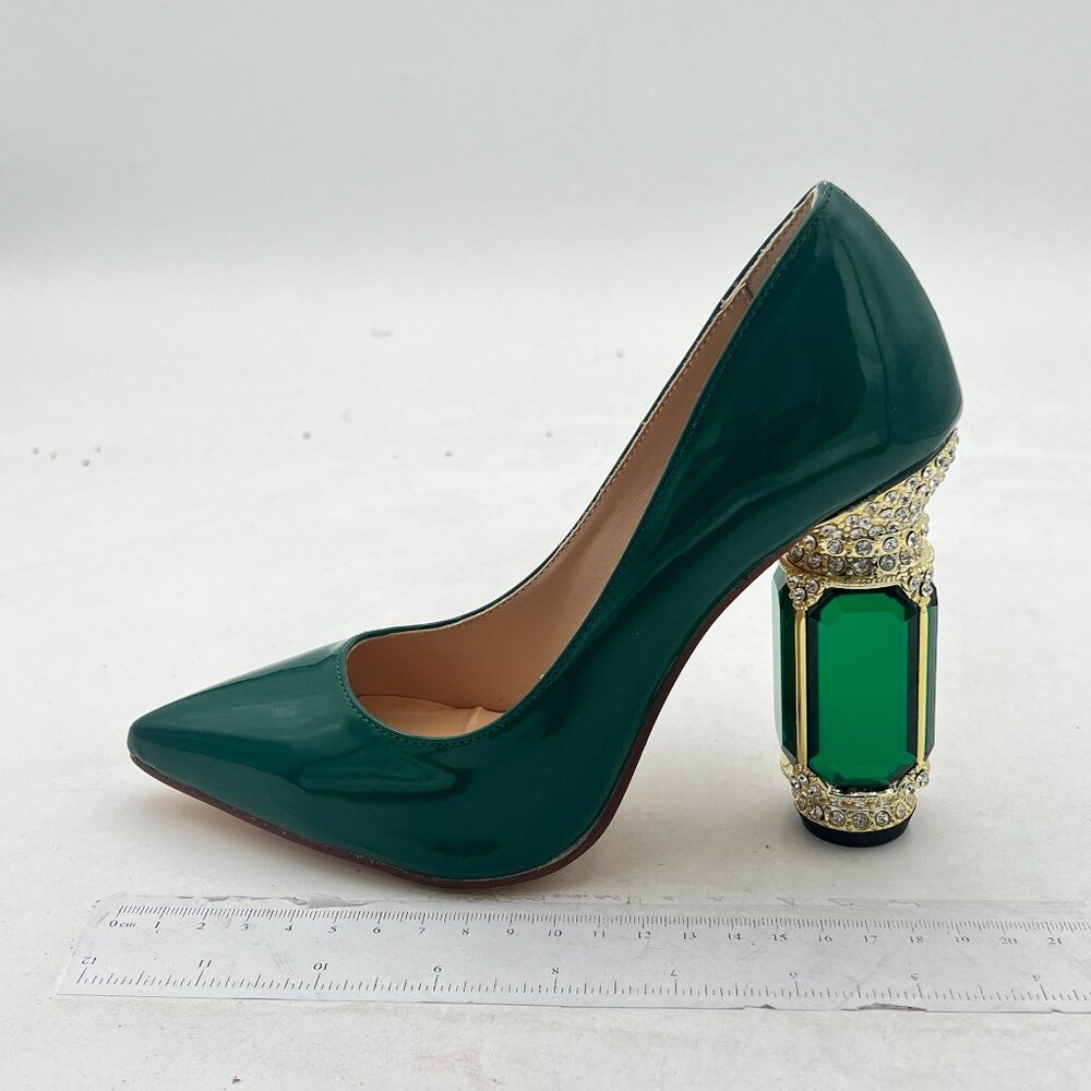 FSJ Green Bridal Pointed Toe Chunky High Heel Crystal Pump Slip on Wedding Shoes - Picture 2 of 8